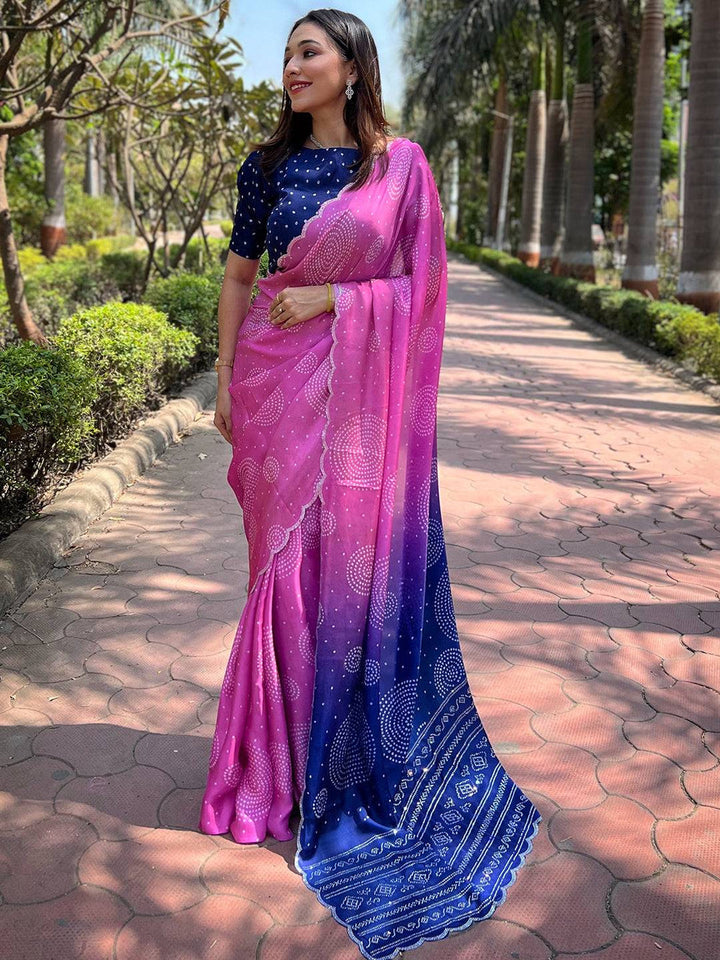 Pink to Navy Blue Ombre Bandhani Printed Saree