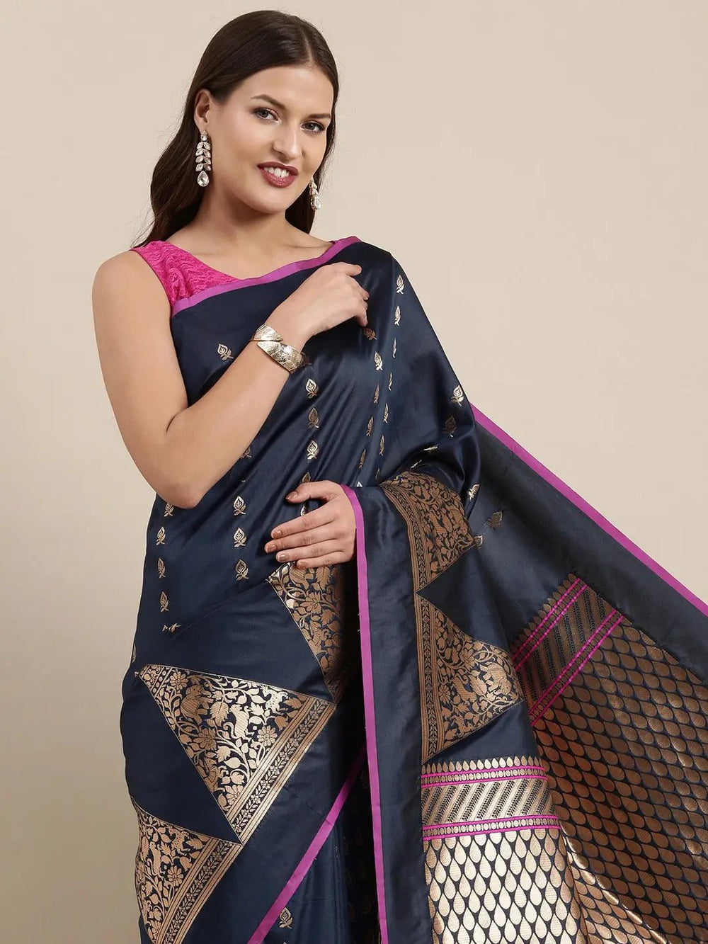 Navy Blue Banarasi Silk Saree with Golden Zari Weaving & Pink Border
