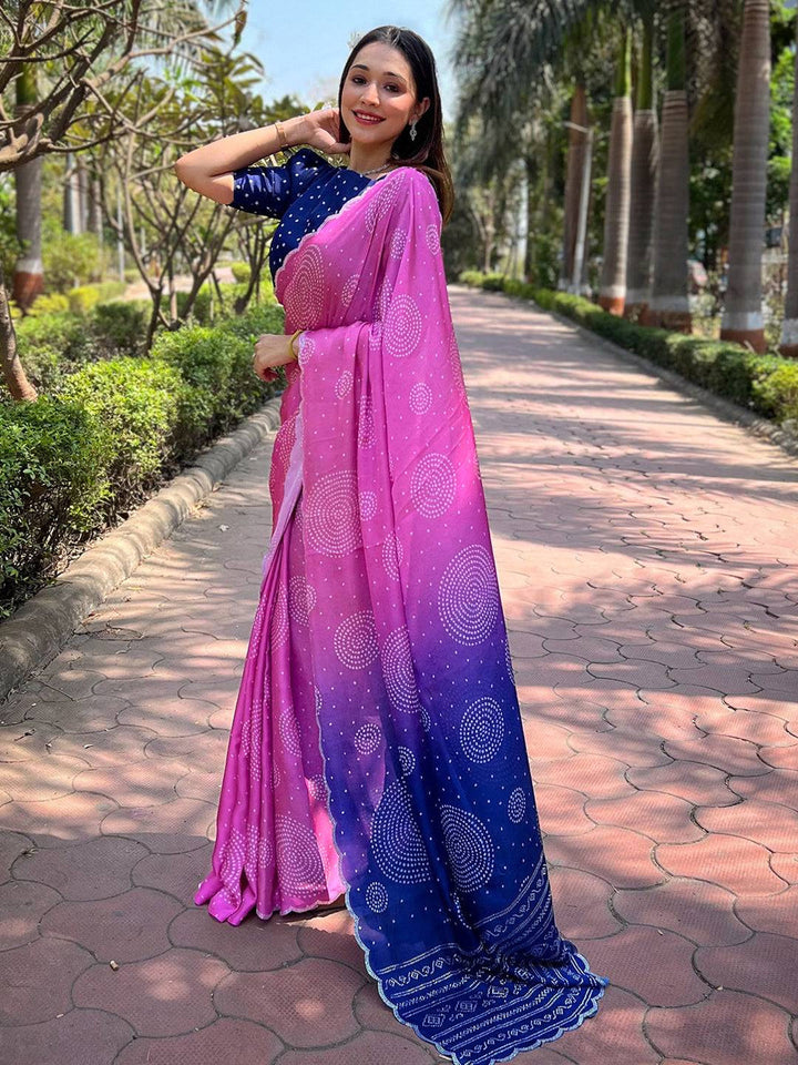 Pink to Navy Blue Ombre Bandhani Printed Saree