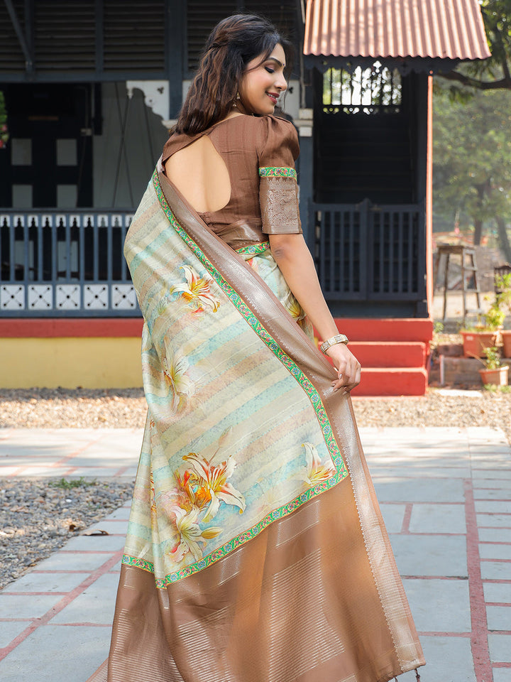 Brown Soft Silk Saree with Floral Print & Zari Border