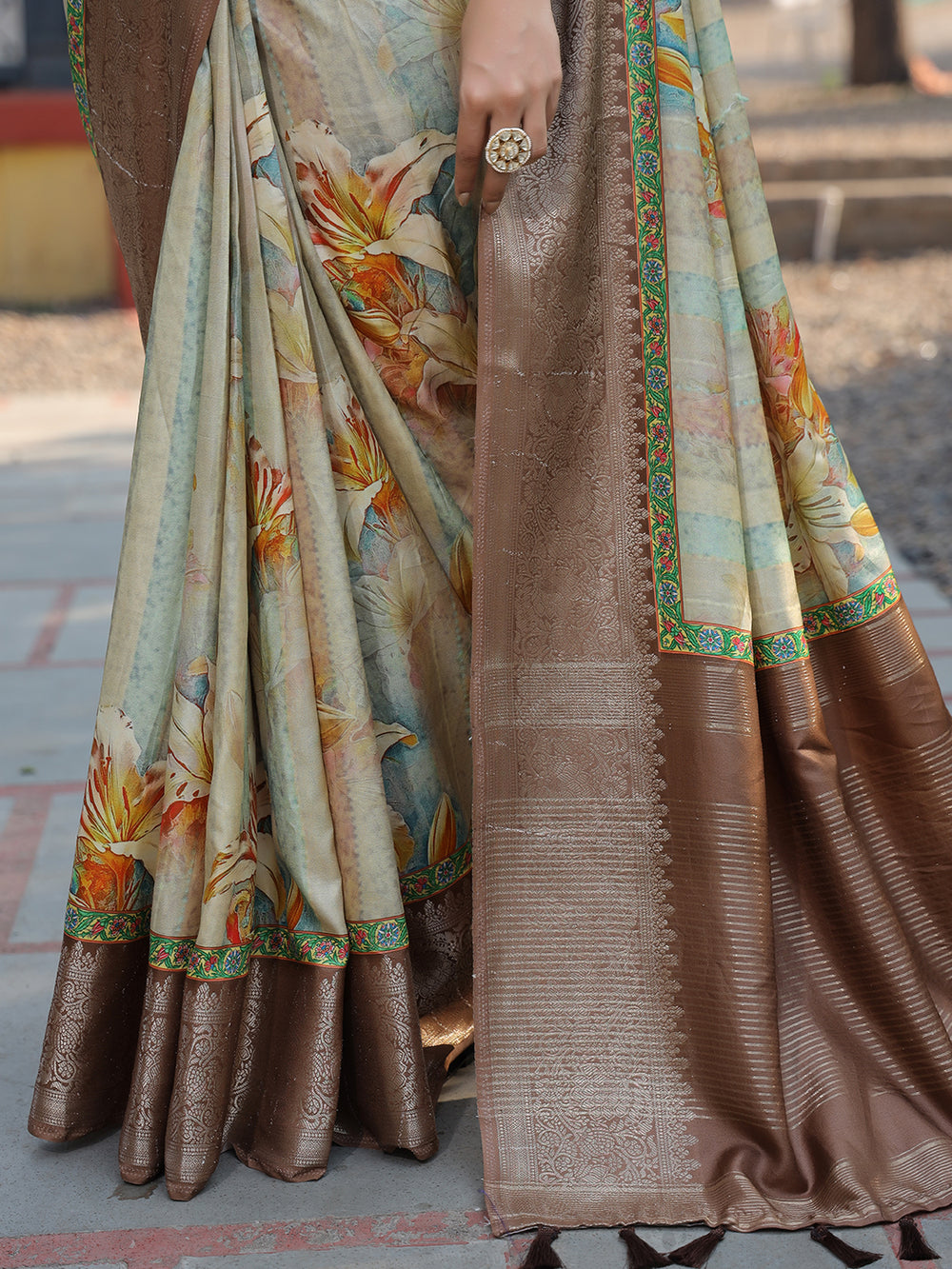 Brown Soft Silk Saree with Floral Print & Zari Border