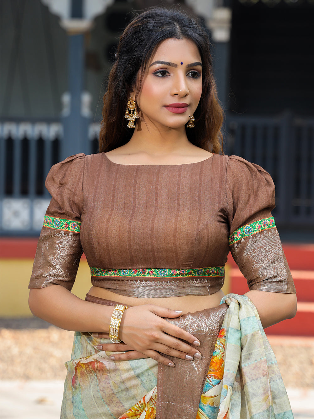 Brown Soft Silk Saree with Floral Print & Zari Border