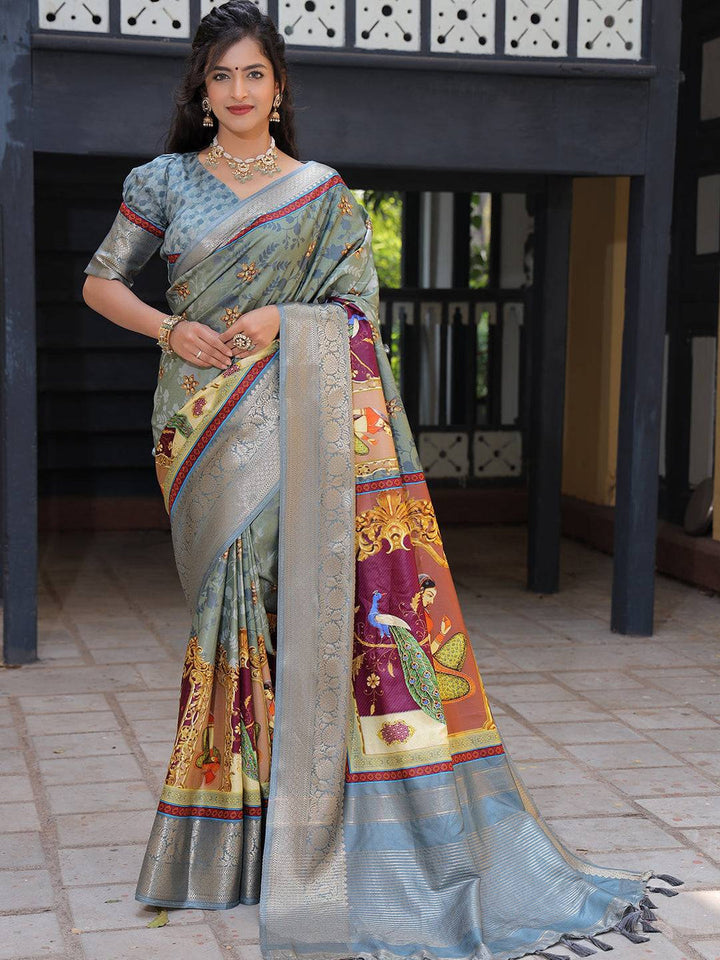 Grey Soft Silk Saree with Madhubani Artwork Pallu & Zari Border