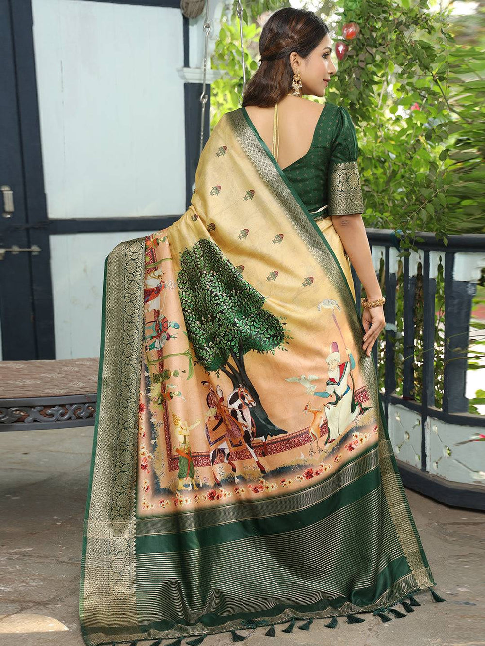 Grey Soft Silk Saree with Madhubani Artwork Pallu & Zari Border