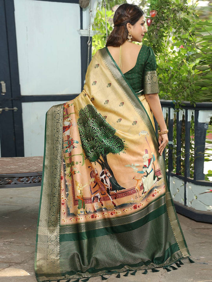 Grey Soft Silk Saree with Madhubani Artwork Pallu & Zari Border