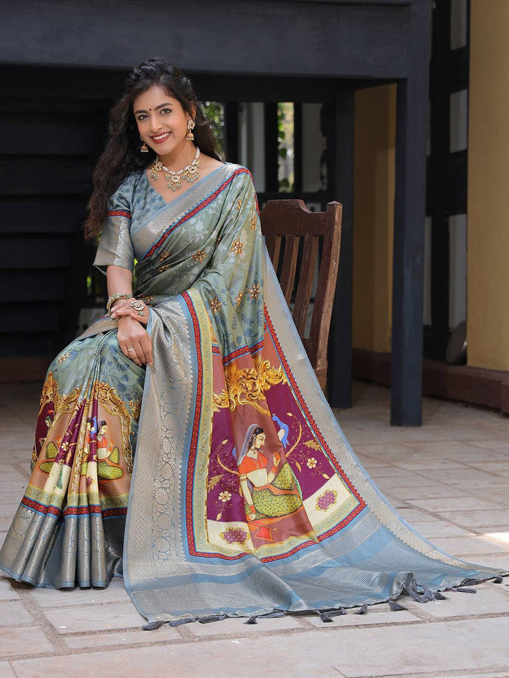 Grey Soft Silk Saree with Madhubani Artwork Pallu & Zari Border