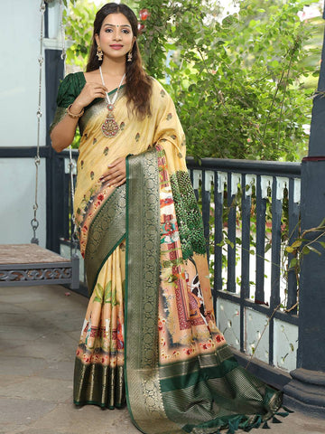 Grey Soft Silk Saree with Madhubani Artwork Pallu & Zari Border