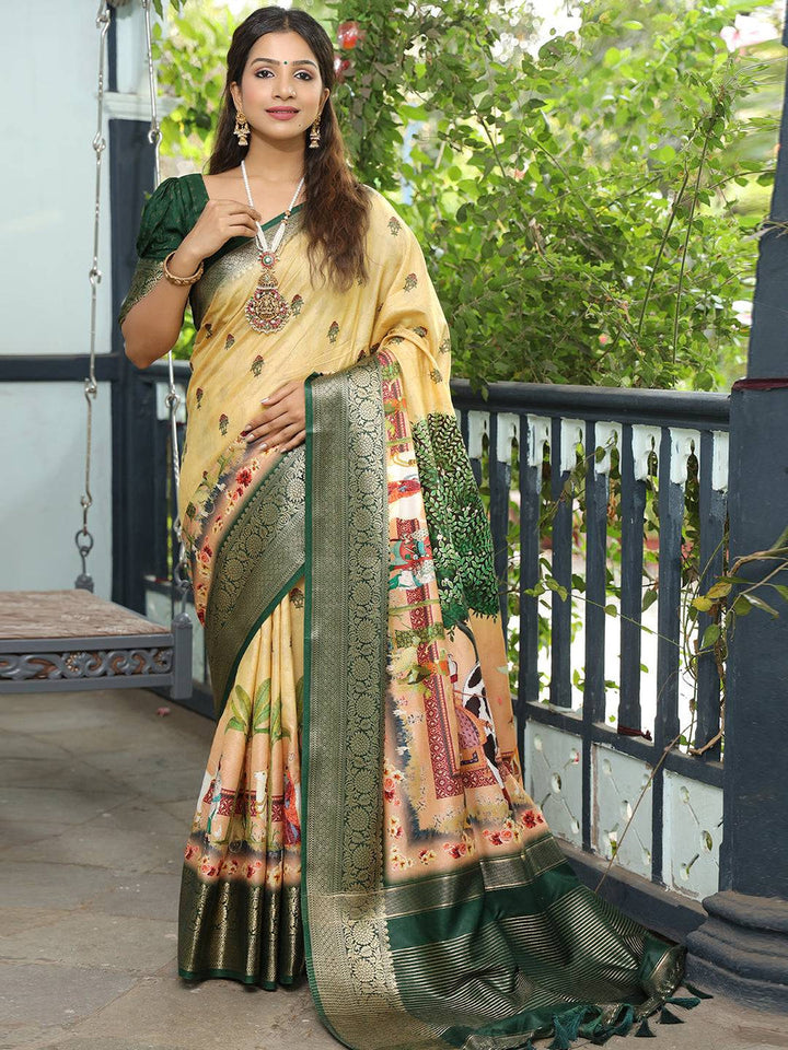 Grey Soft Silk Saree with Madhubani Artwork Pallu & Zari Border