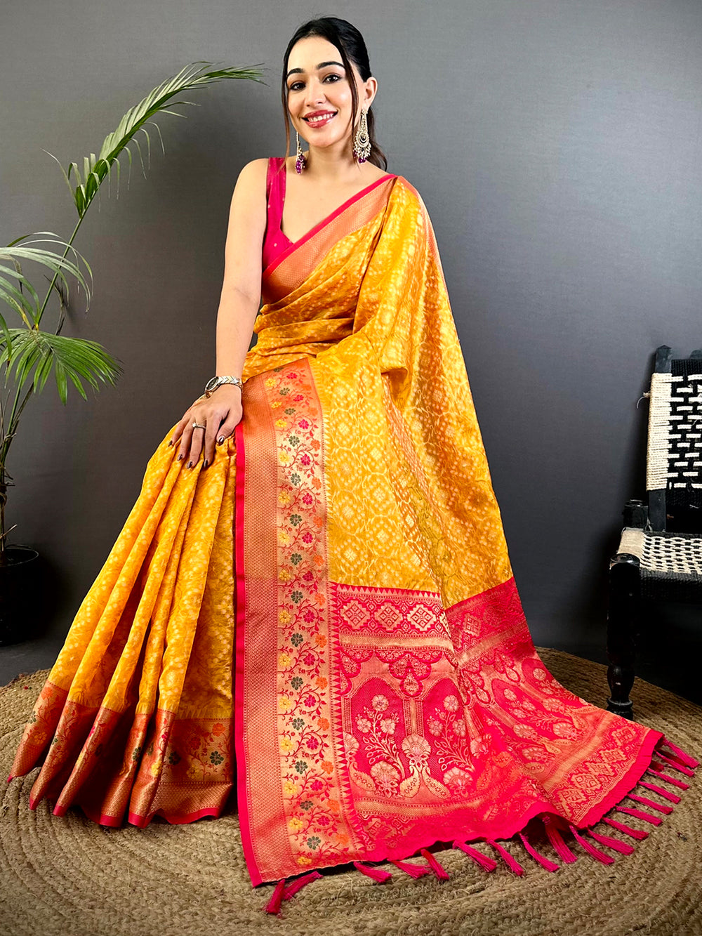 Yellow Banarasi Silk Saree with Pink Contrast Border & Rich Zari Weaving
