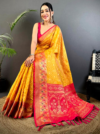 Yellow Banarasi Silk Saree with Pink Contrast Border & Rich Zari Weaving