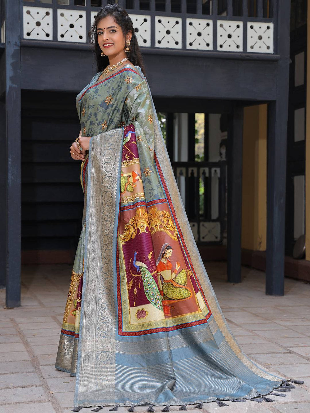 Grey Soft Silk Saree with Madhubani Artwork Pallu & Zari Border
