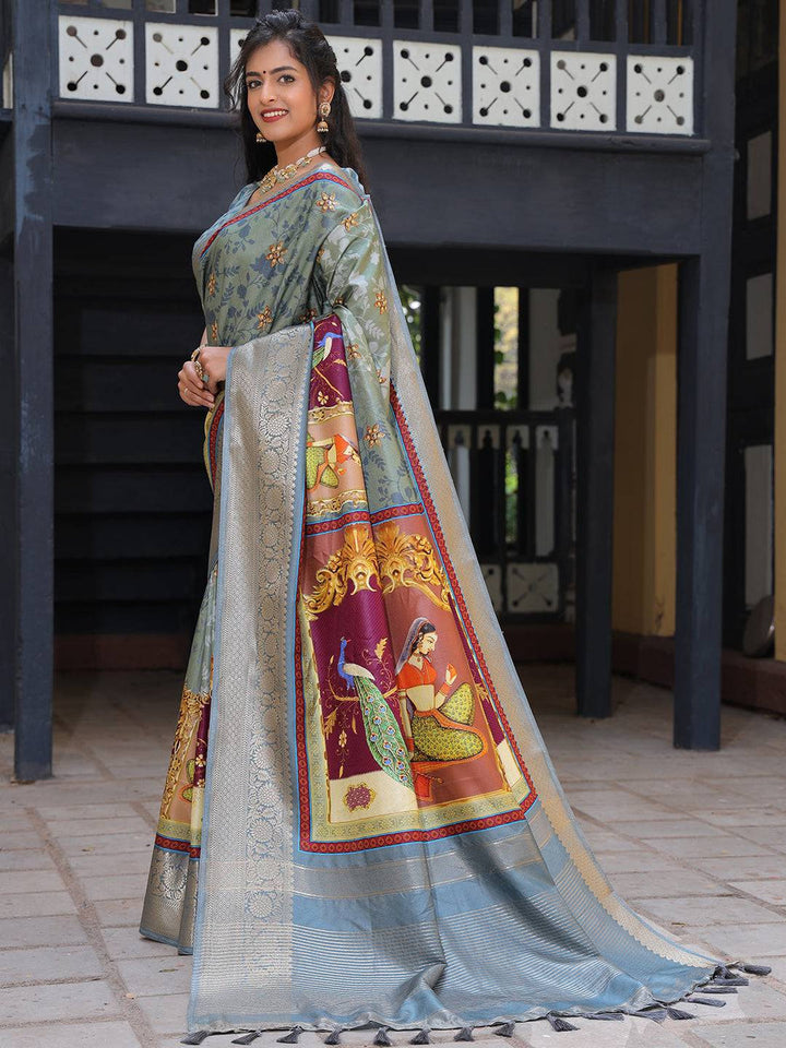 Grey Soft Silk Saree with Madhubani Artwork Pallu & Zari Border