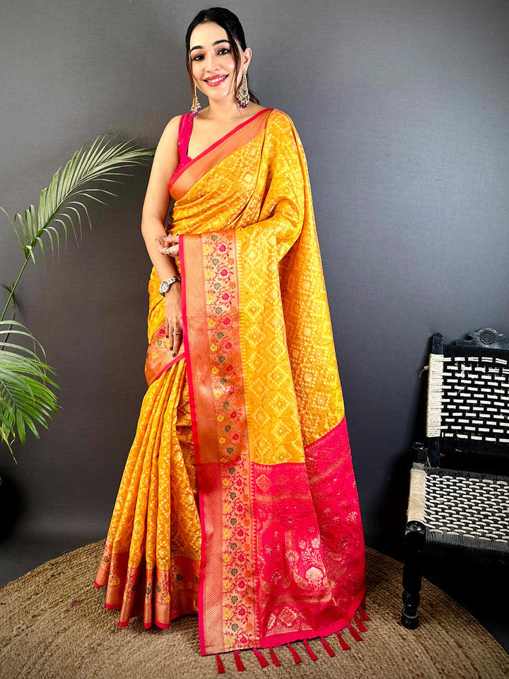 Yellow Banarasi Silk Saree with Pink Contrast Border & Rich Zari Weaving