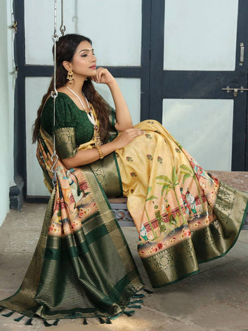 Grey Soft Silk Saree with Madhubani Artwork Pallu & Zari Border