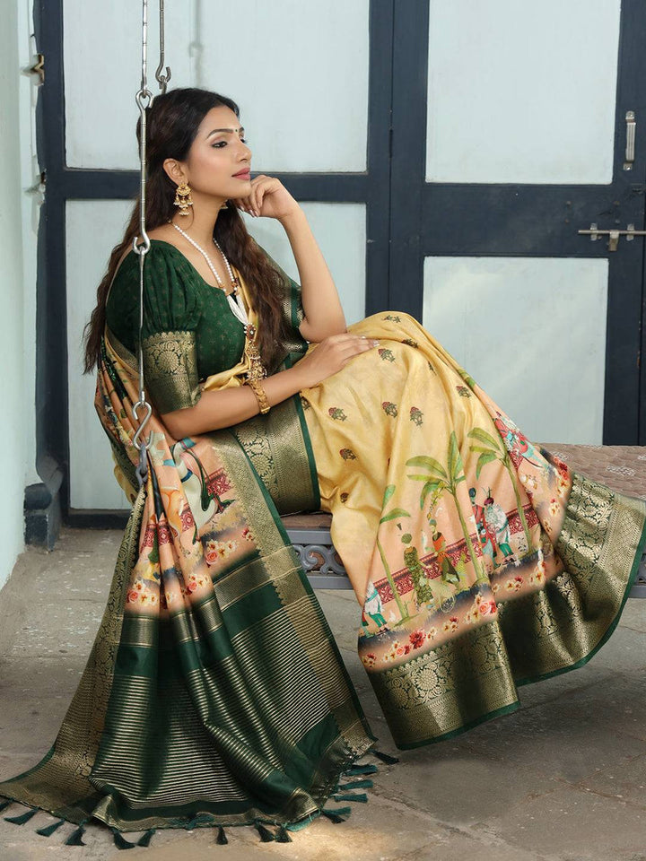 Grey Soft Silk Saree with Madhubani Artwork Pallu & Zari Border
