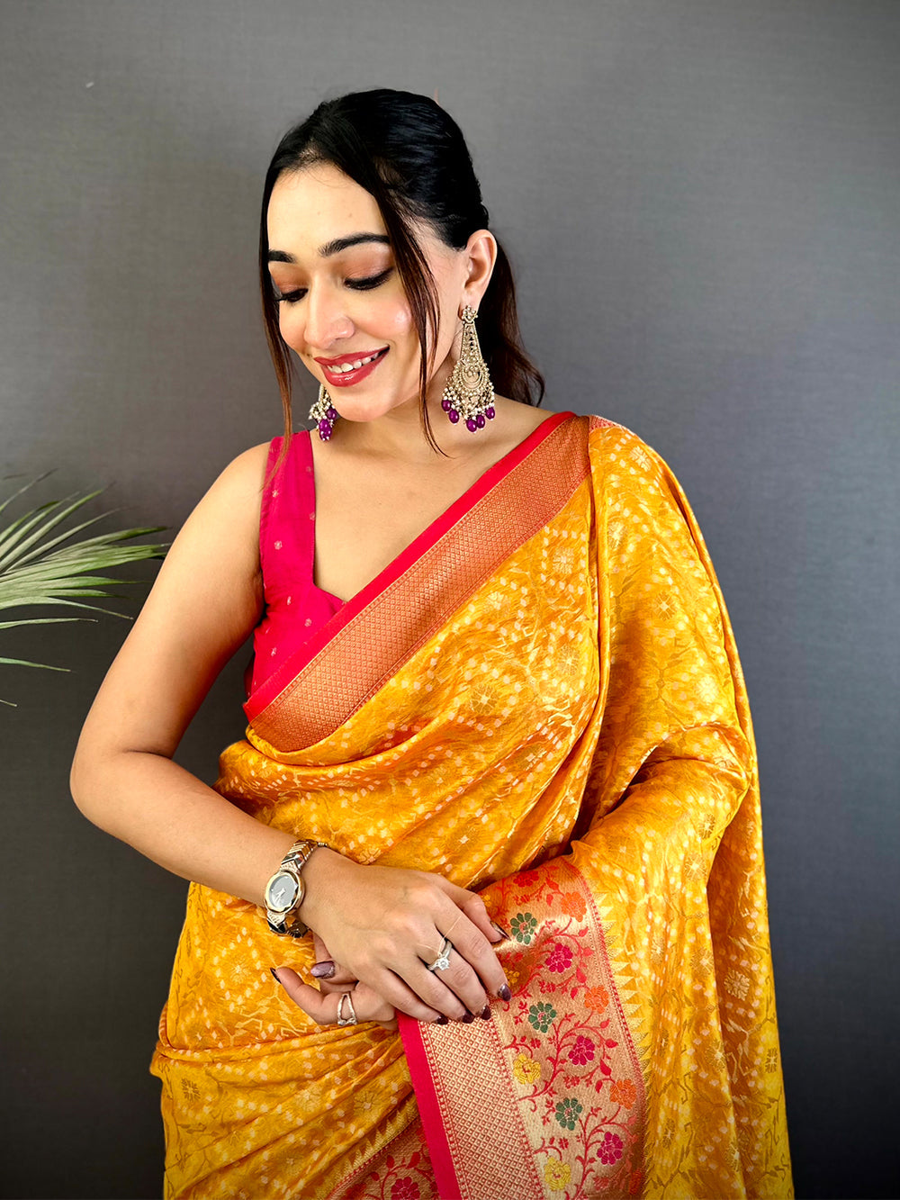 Yellow Banarasi Silk Saree with Pink Contrast Border & Rich Zari Weaving