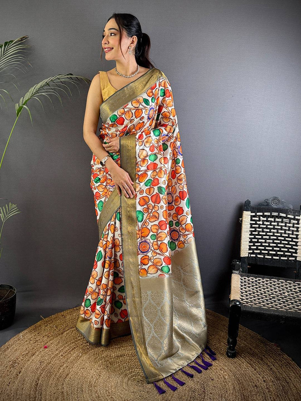 Multicolor Printed Banarasi Silk Saree with Gold Zari Border & Pallu