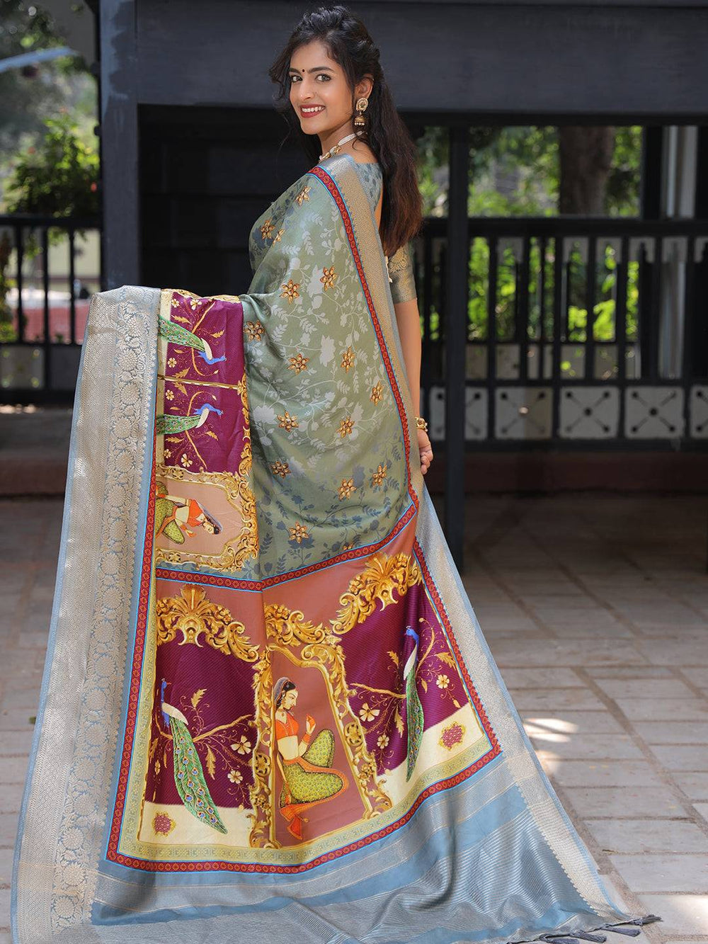 Grey Soft Silk Saree with Madhubani Artwork Pallu & Zari Border