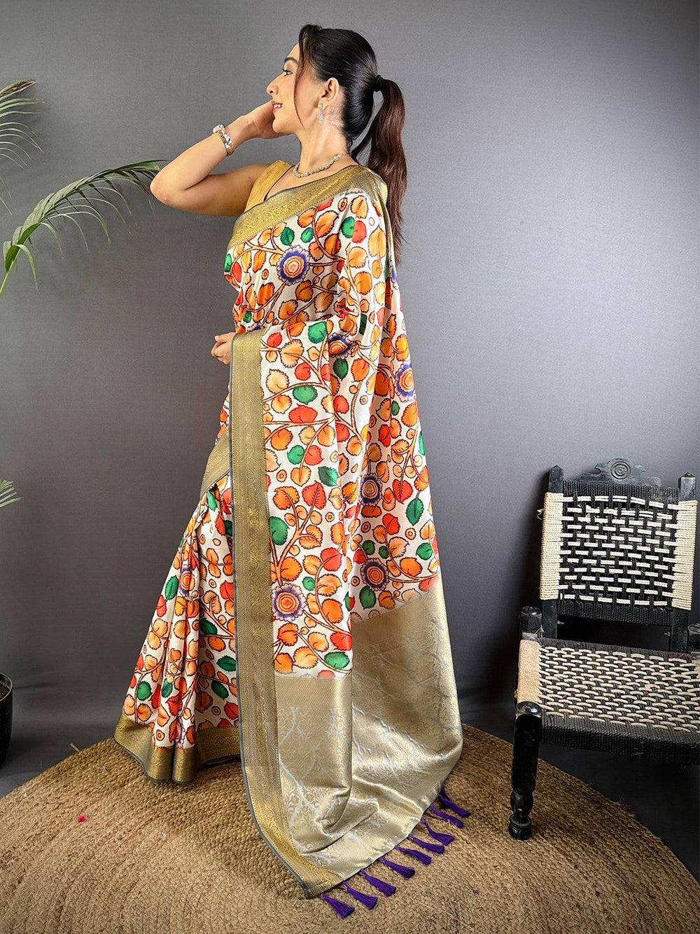 Multicolor Printed Banarasi Silk Saree with Gold Zari Border & Pallu