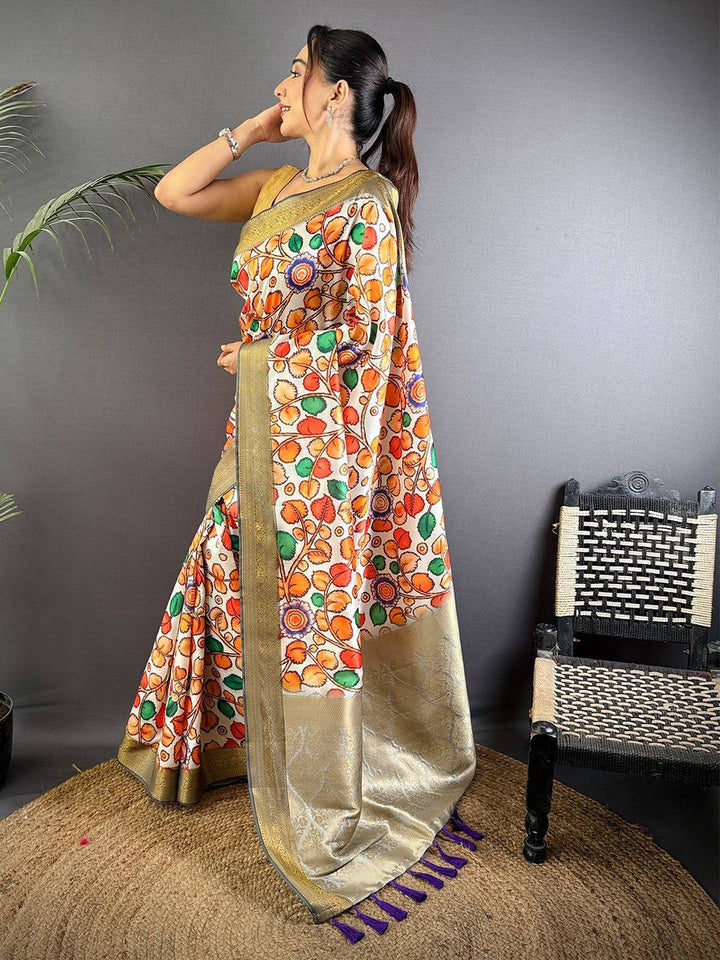 Multicolor Printed Banarasi Silk Saree with Gold Zari Border & Pallu