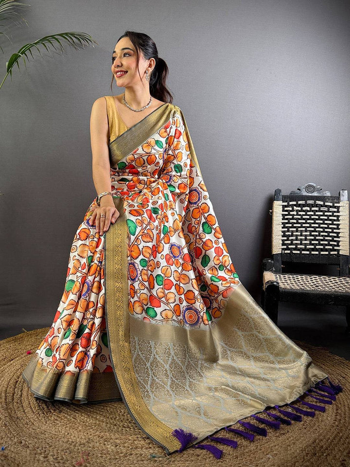 Multicolor Printed Banarasi Silk Saree with Gold Zari Border & Pallu