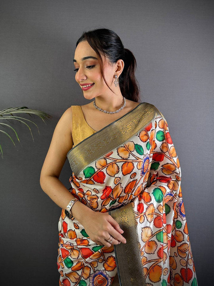 Multicolor Printed Banarasi Silk Saree with Gold Zari Border & Pallu