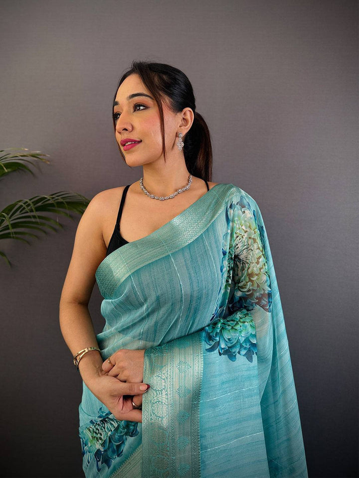 Turquoise Linen Silk Saree with Big Floral Print & Zari Border