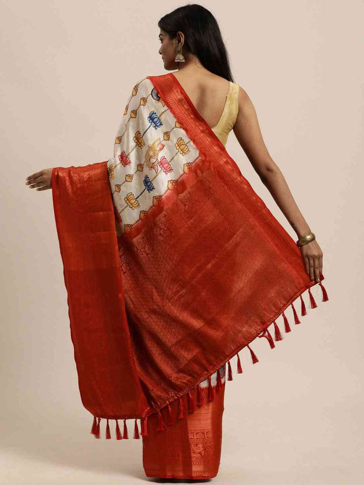 Ivory Linen Silk Saree with Multicolor Lotus Print & Red Zari Border