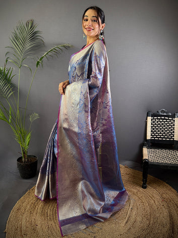 Silver & Blue Banarasi Silk Saree with Floral Weaving & Purple Border