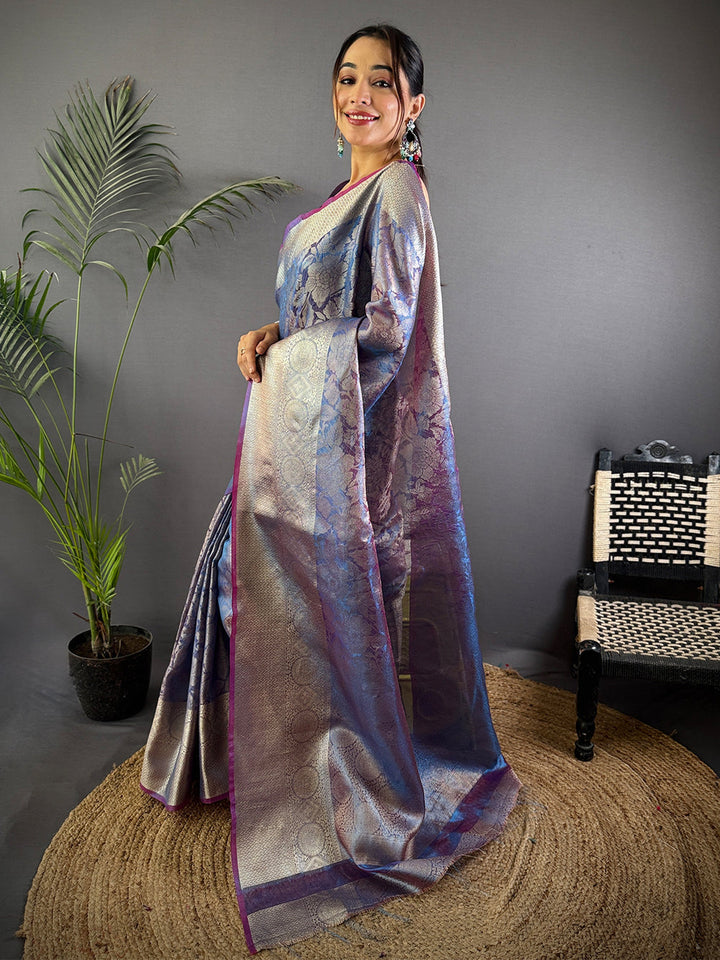 Silver & Blue Banarasi Silk Saree with Floral Weaving & Purple Border
