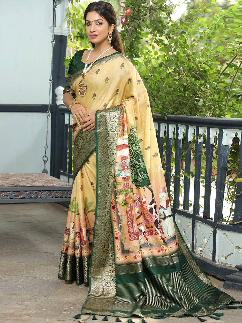 Grey Soft Silk Saree with Madhubani Artwork Pallu & Zari Border