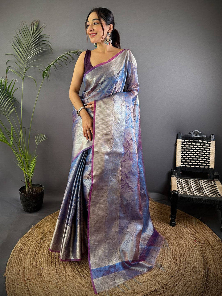 Silver & Blue Banarasi Silk Saree with Floral Weaving & Purple Border