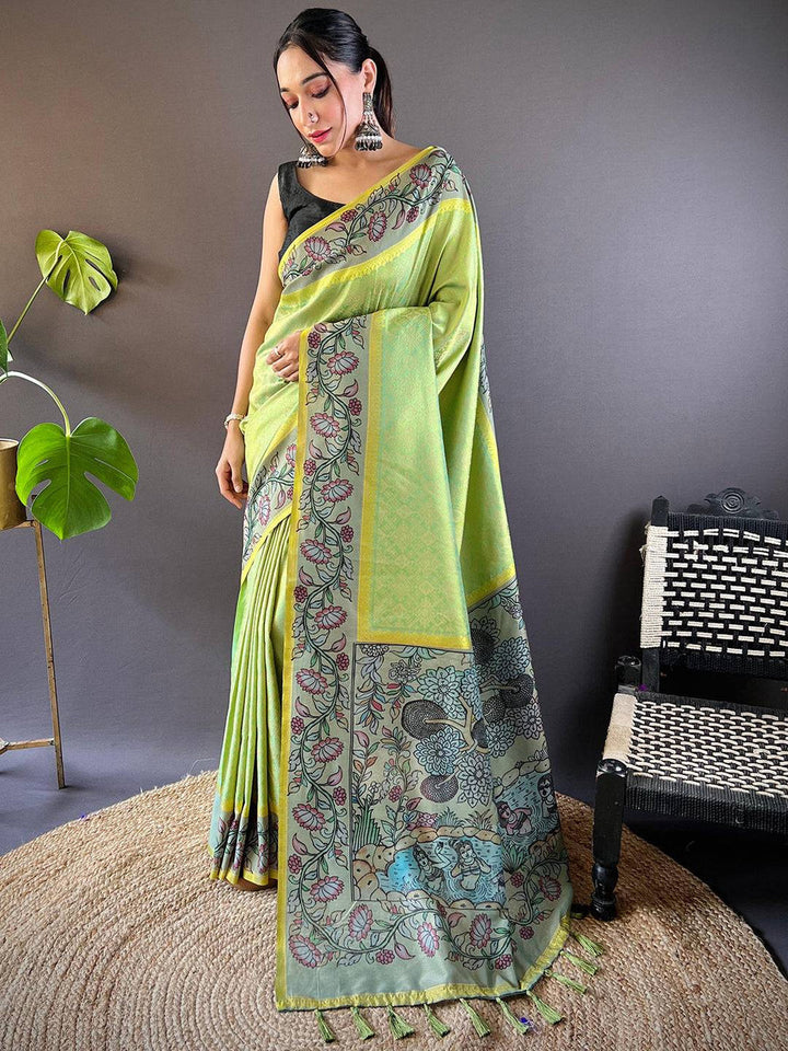 Light Green Soft Silk Saree with Floral & Tribal Art Pallu