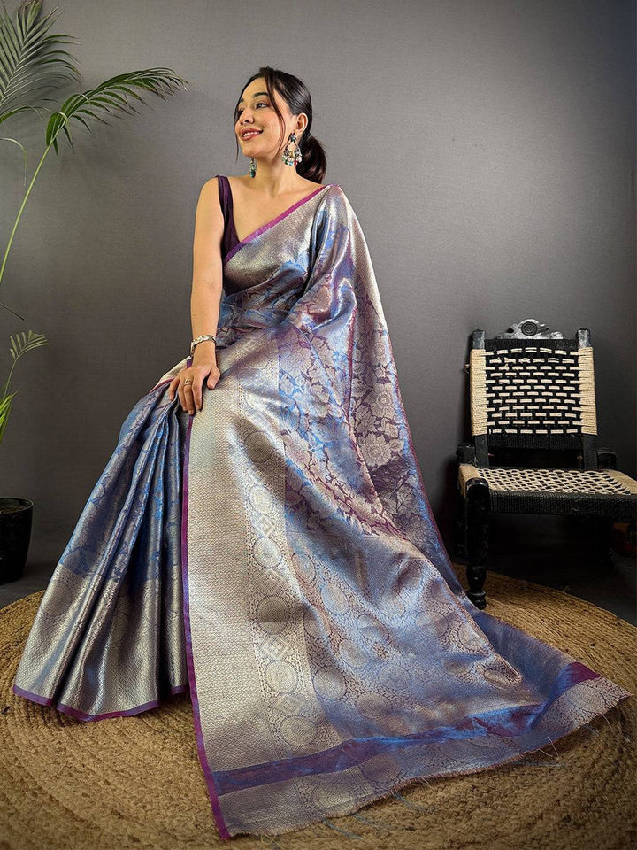 Silver & Blue Banarasi Silk Saree with Floral Weaving & Purple Border