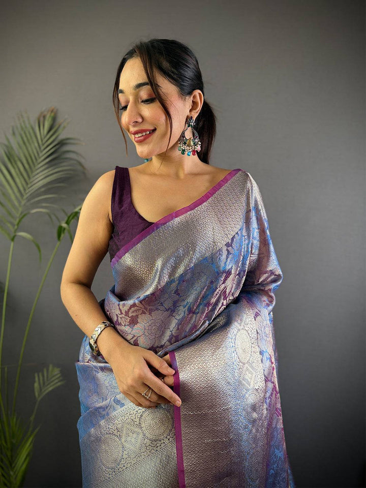 Silver & Blue Banarasi Silk Saree with Floral Weaving & Purple Border