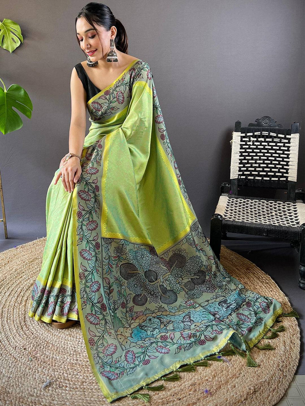 Light Green Soft Silk Saree with Floral & Tribal Art Pallu