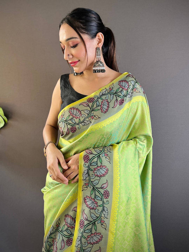 Light Green Soft Silk Saree with Floral & Tribal Art Pallu