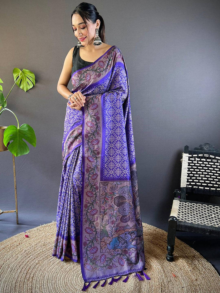 Purple Madhubani Print Soft Silk Saree with Contrast Border & Tassel Pallu