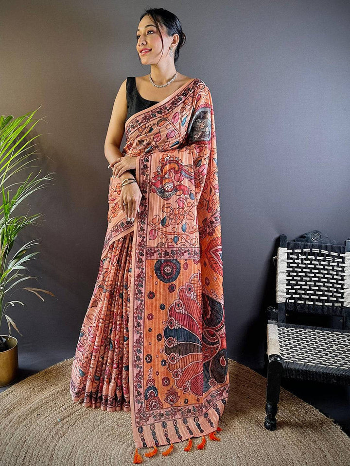Peach Madhubani Print Soft Silk Saree with Peacock Artwork & Tassel Pallu