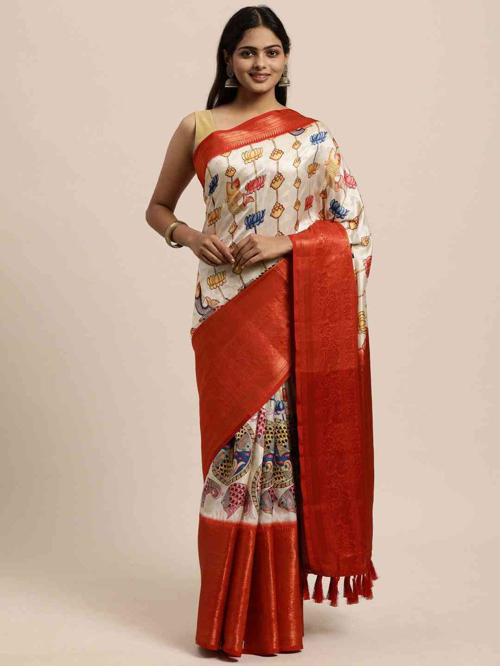 Ivory Linen Silk Saree with Multicolor Lotus Print & Red Zari Border