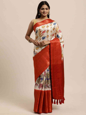 Ivory Linen Silk Saree with Multicolor Lotus Print & Red Zari Border