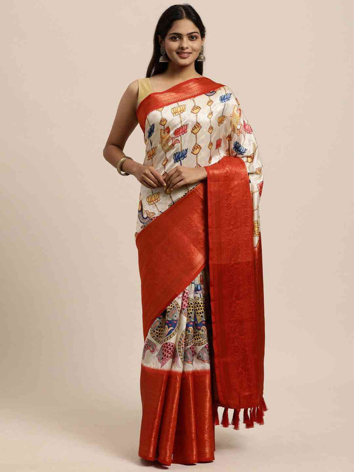 Ivory Linen Silk Saree with Multicolor Lotus Print & Red Zari Border