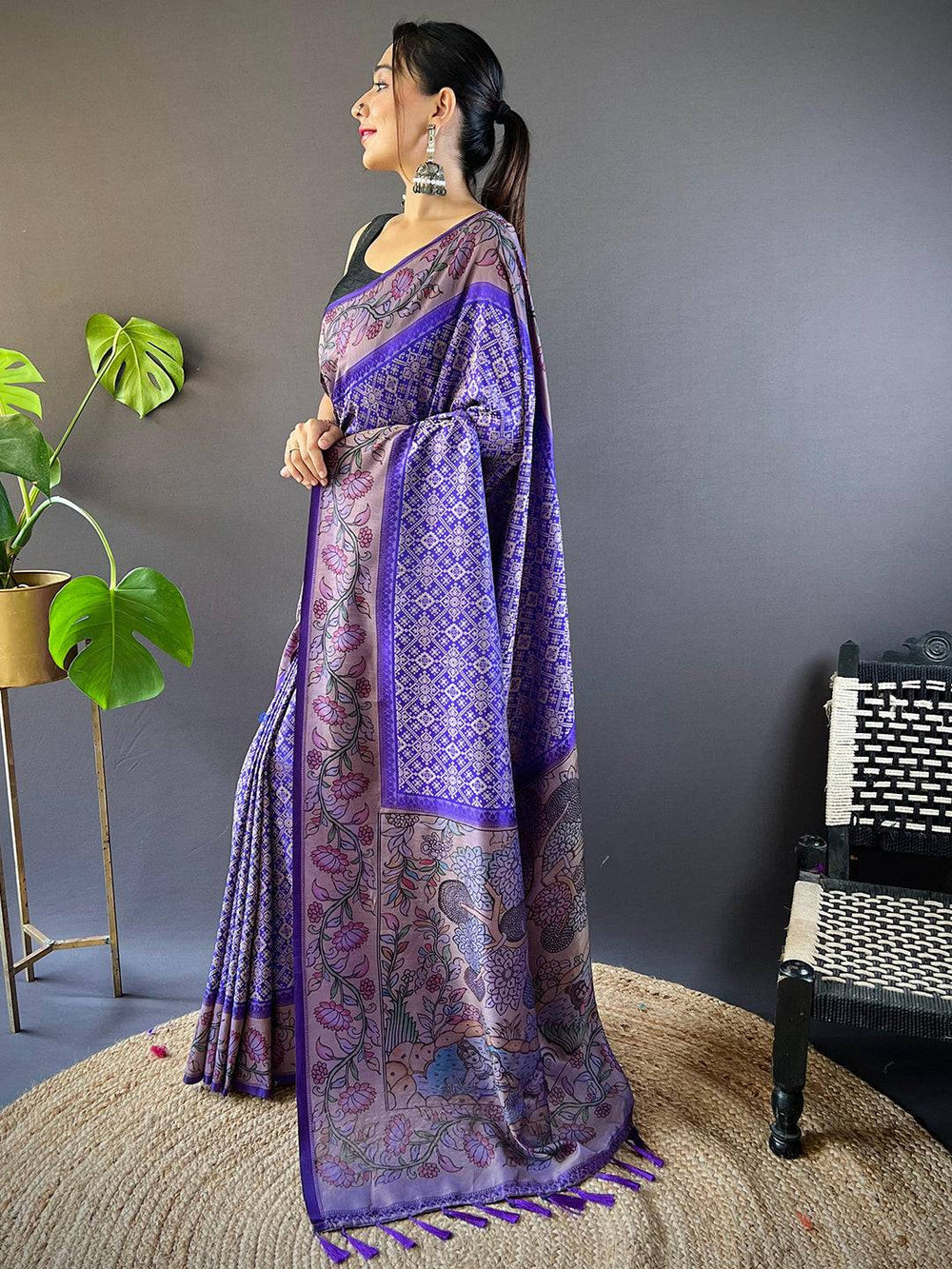 Purple Madhubani Print Soft Silk Saree with Contrast Border & Tassel Pallu