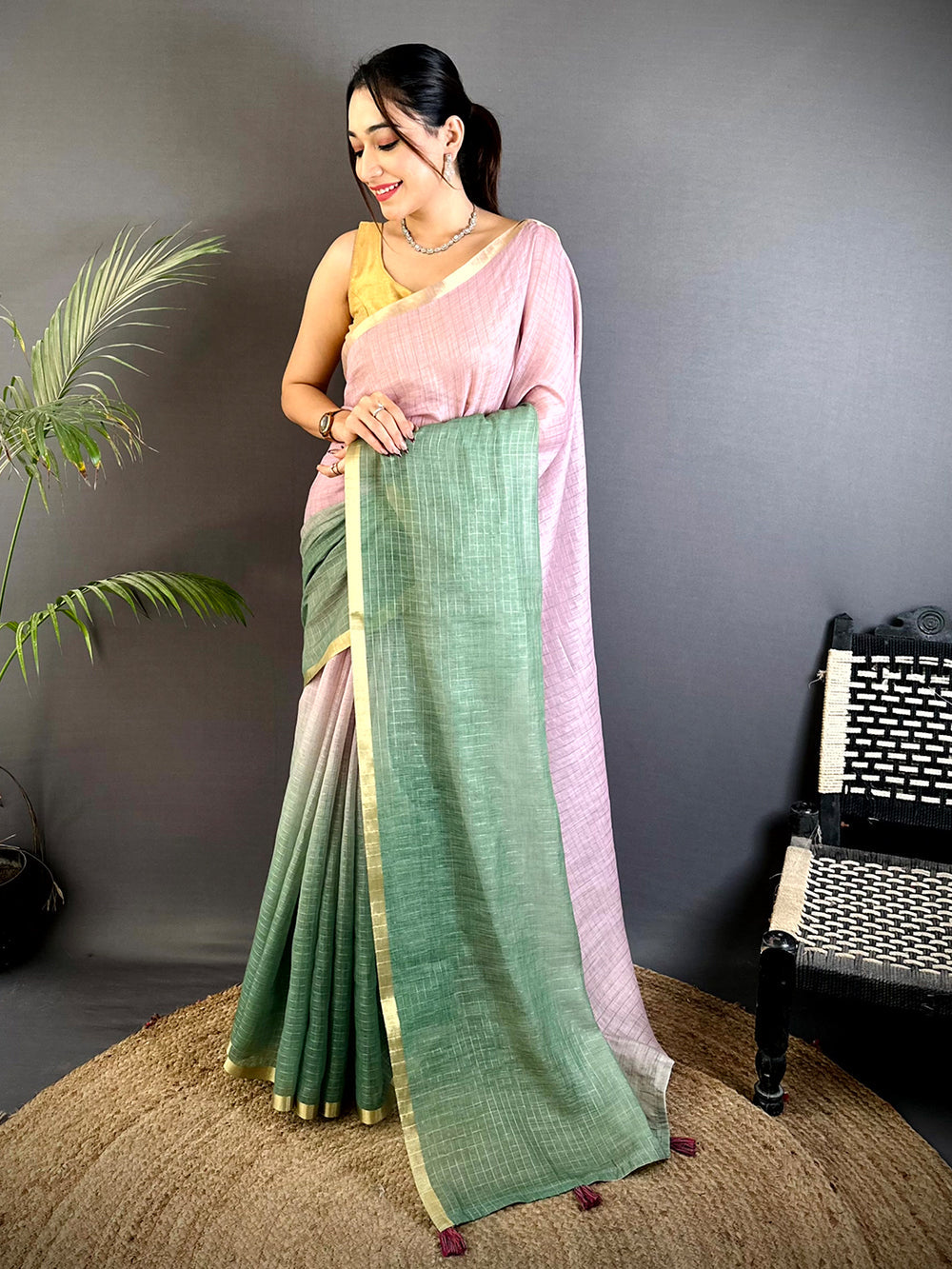 Pastel Pink & Green Linen Silk Saree with Subtle Checks & Golden Border