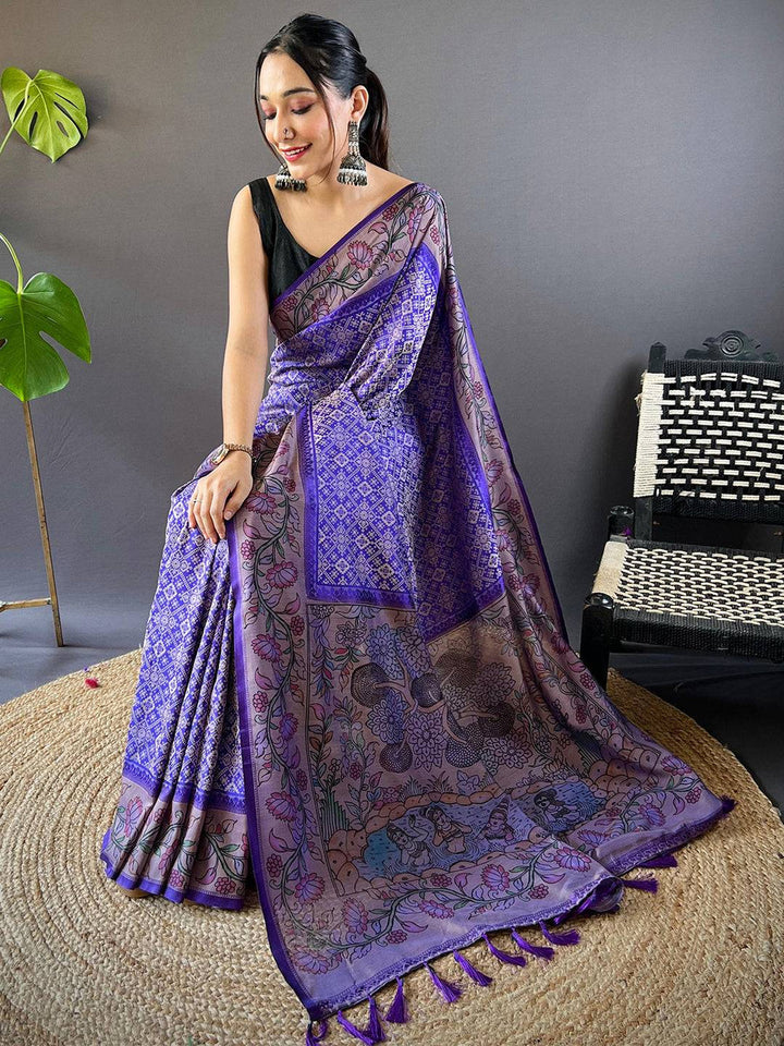 Purple Madhubani Print Soft Silk Saree with Contrast Border & Tassel Pallu