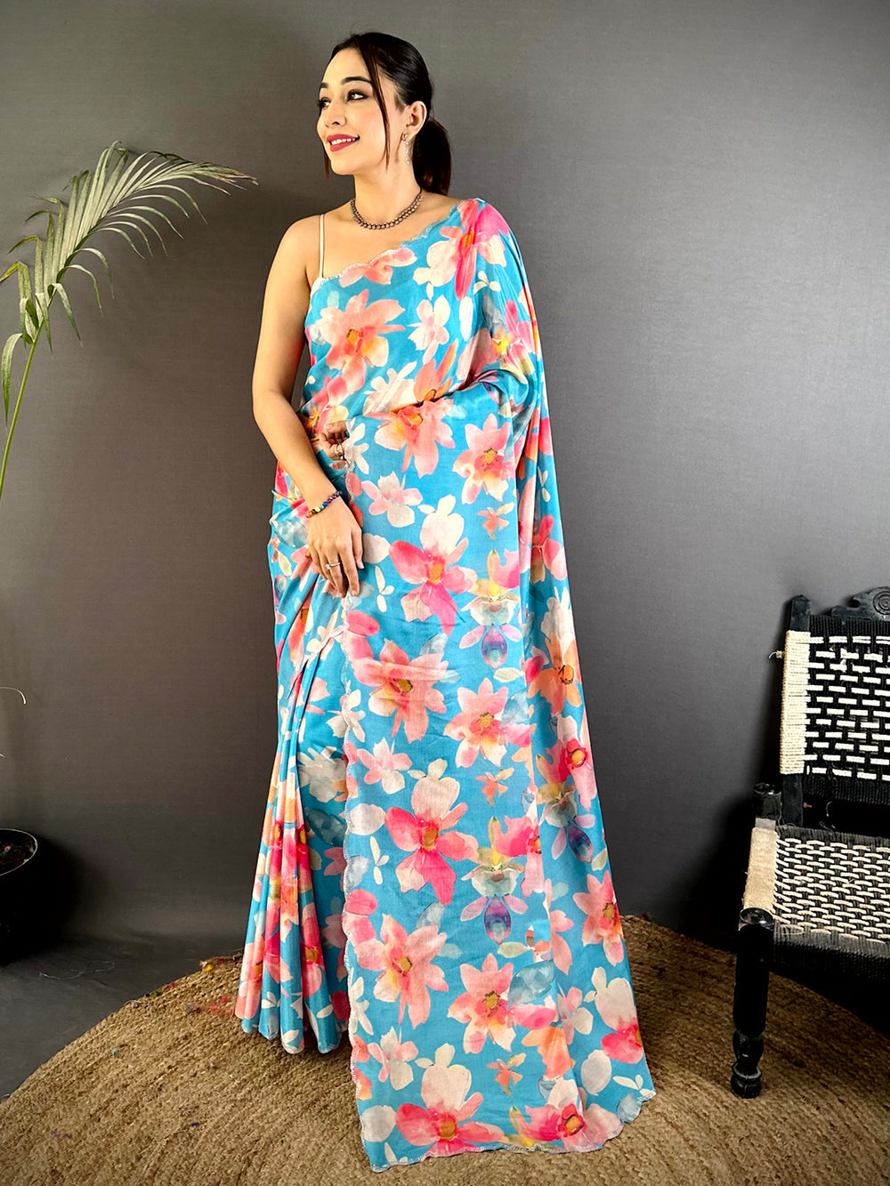 Premium Blue Floral Printed Linen Saree for Women