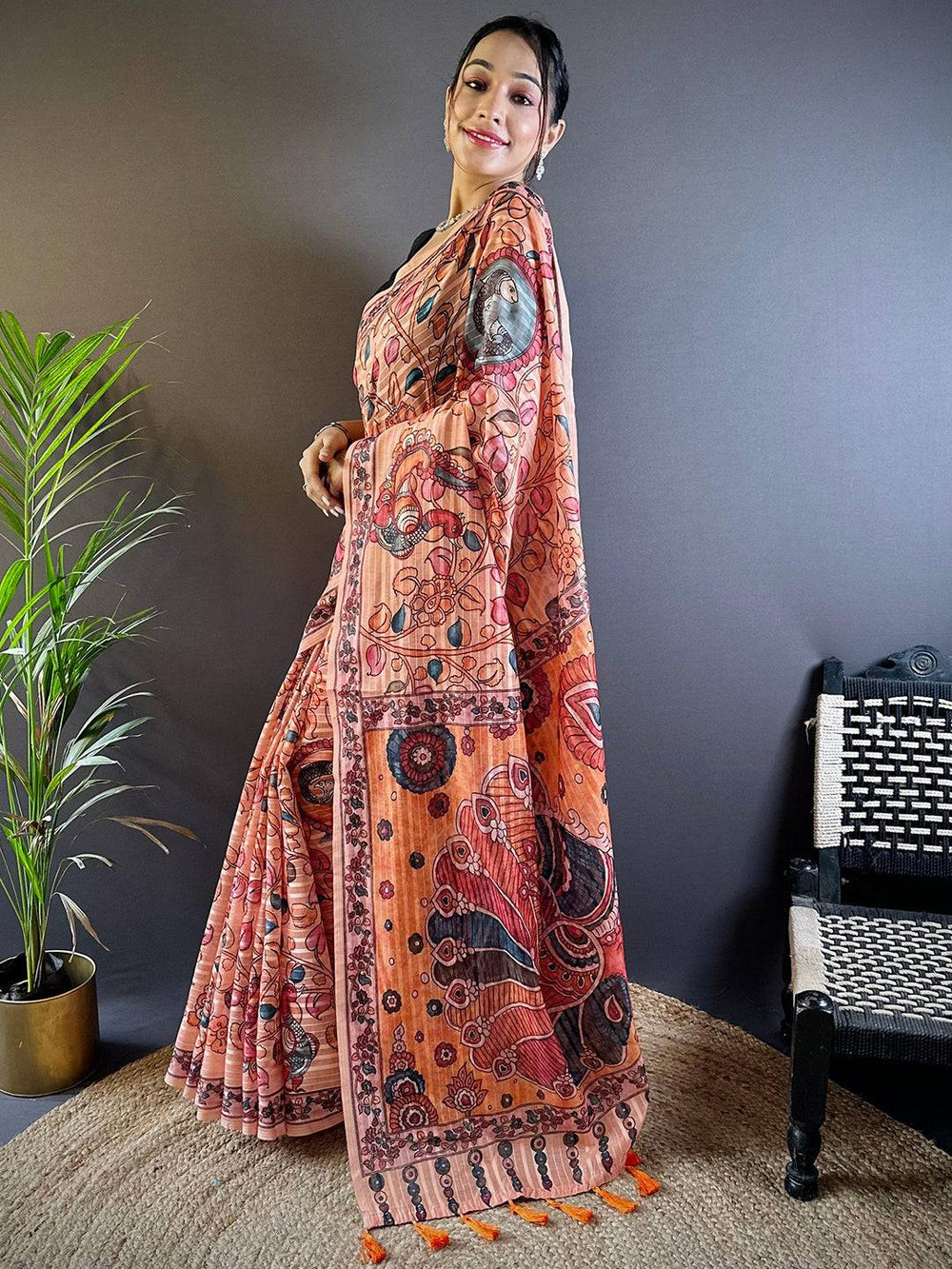 Peach Madhubani Print Soft Silk Saree with Peacock Artwork & Tassel Pallu