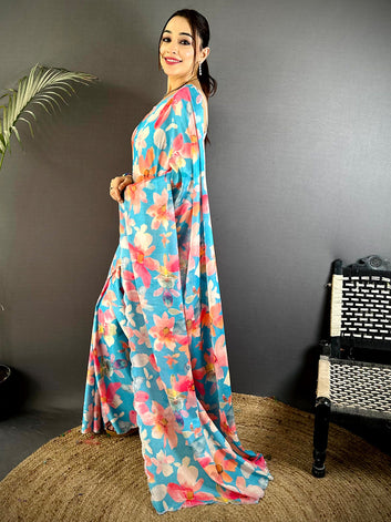 Premium Blue Floral Printed Linen Saree for Women