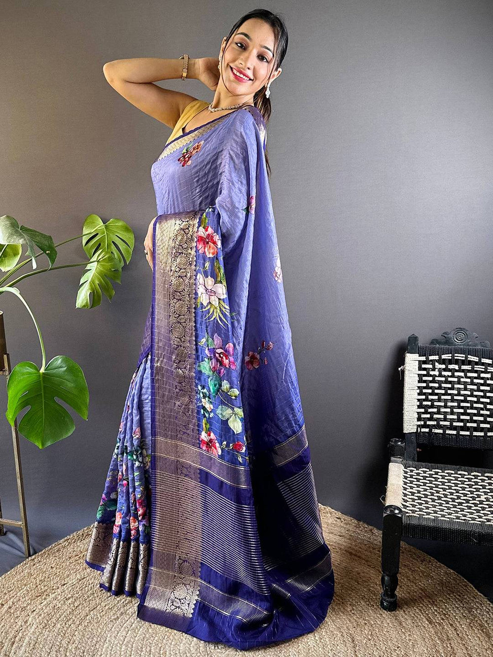 Purple Madhubani Print Soft Silk Saree with Contrast Border & Tassel Pallu