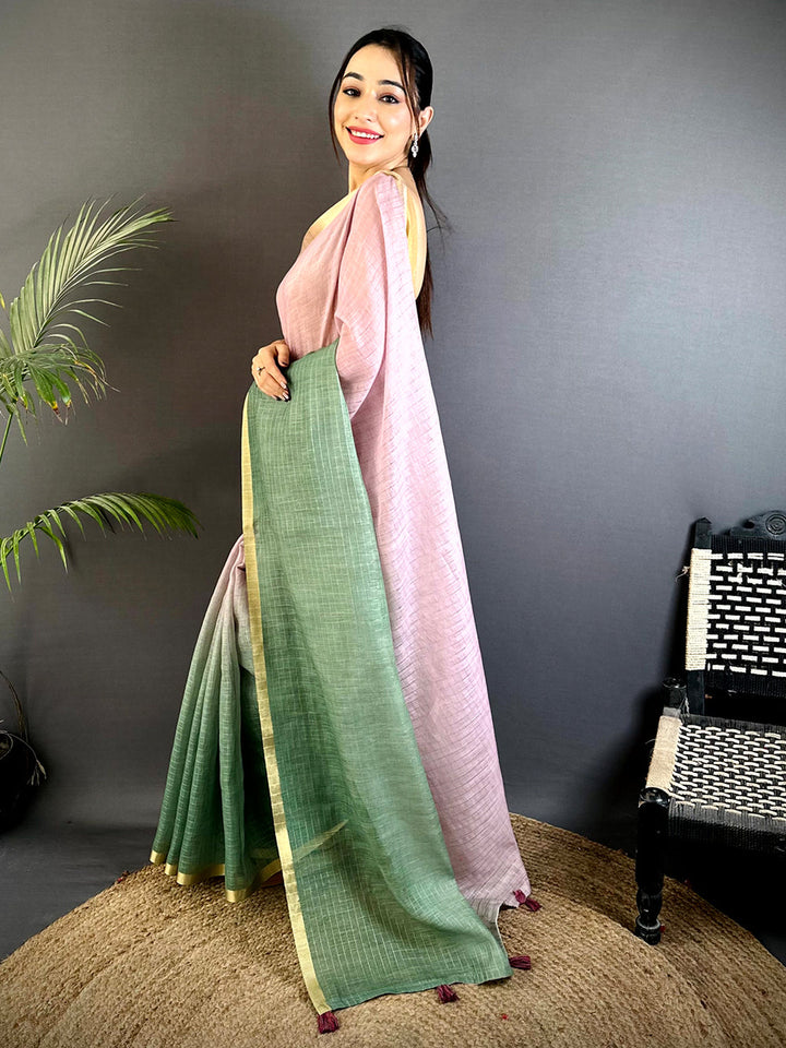 Pastel Pink & Green Linen Silk Saree with Subtle Checks & Golden Border
